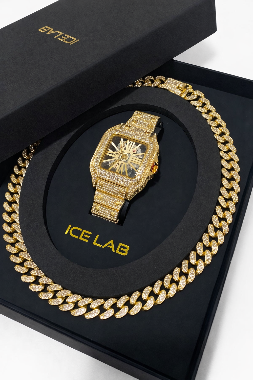 ICE LAB Gold Watch & Cuban Link Chain Luxury Set with Skeleton Dial