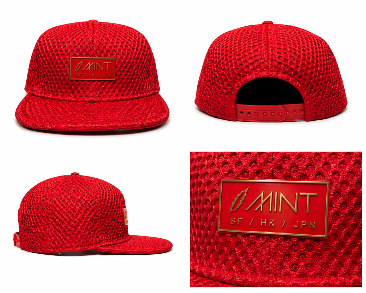 Mint Red Mesh 6 Panel Snapback Cap Flat Brim Adjustable Hat
