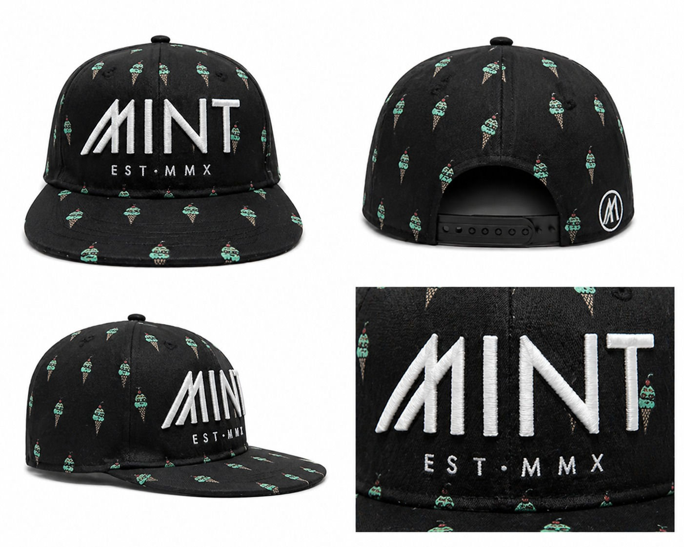 Mint 6 Panel Strapback Cap Black with Ice-Cream Design Hat