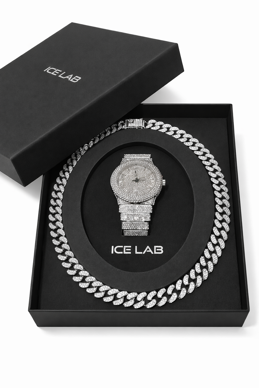 ICE LAB silver Watch & Cuban Link Chain Set