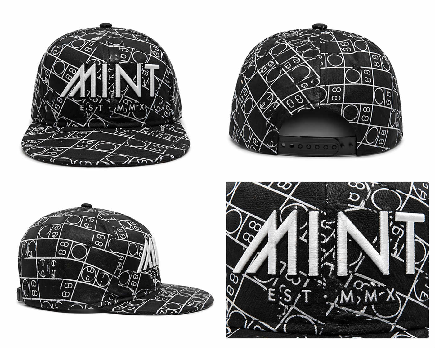MINT Snapback Hat Black White Geometric Flat Brim Adjustable Cap