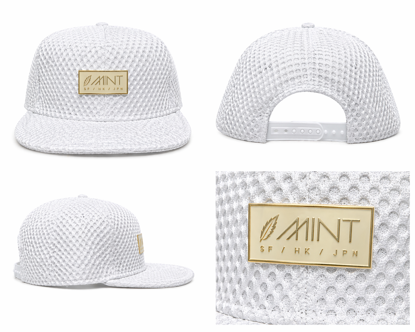 Mint White 6 Panel Snapback Cap Textured Mesh Flat Brim