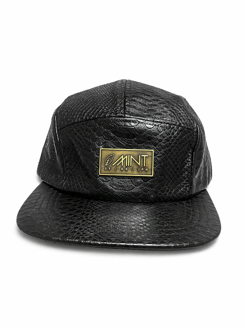 Thumbnail: Mint Black Snakeskin Leather 5 Panel Strapback Cap Gold Logo
