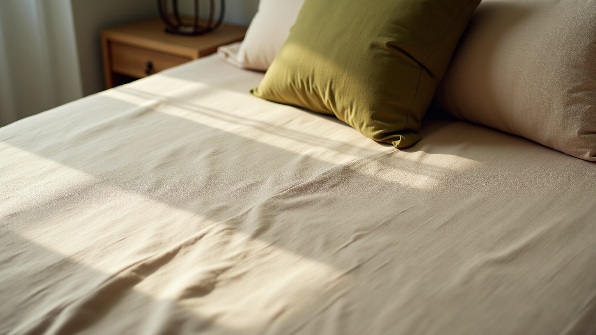 Bed with beige sheets, olive green pillow, sunlight