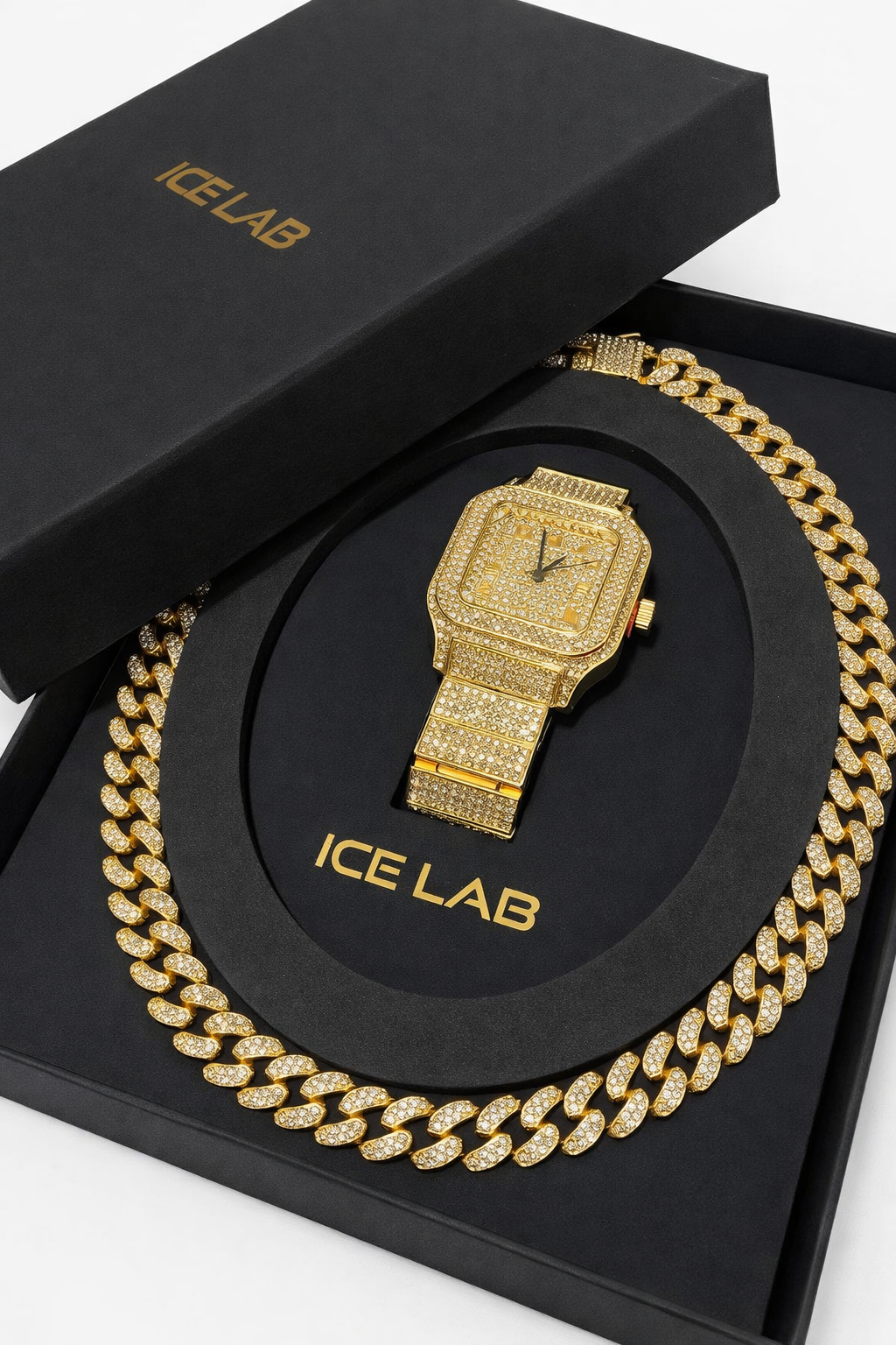 ICE LAB Golden Watch & Cuban Link Chain Set – ICE LAB Luxury Diamond Style