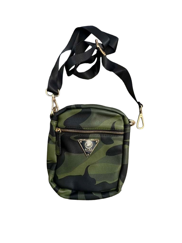Mint Brand Camouflage Leather Mini Crossbody Bag – Green/Black Camo