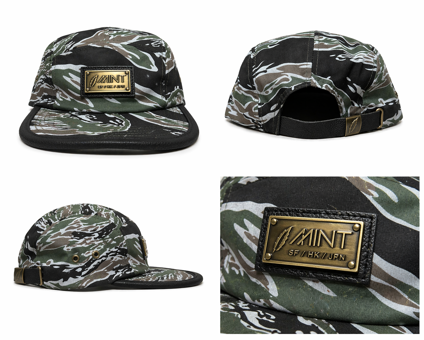 Mint Tiger Camo 5 Panel Strapback Hat green/Black Metal Logo Streetwear Cap