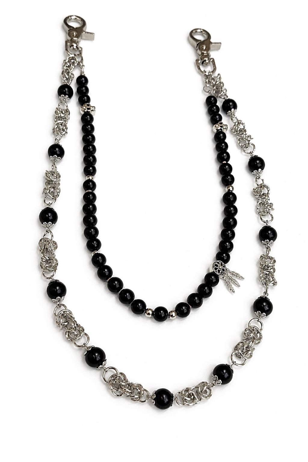 Black Beaded Double Layer Pant Chain - Silver Tone Waist Chain Accessory
