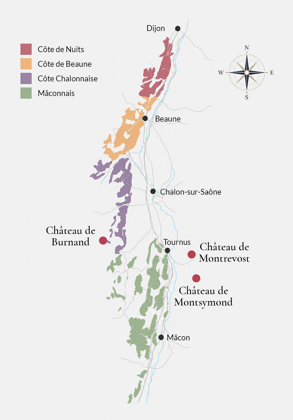 Map of Burgundy wine regions and the location of the three Châteaux