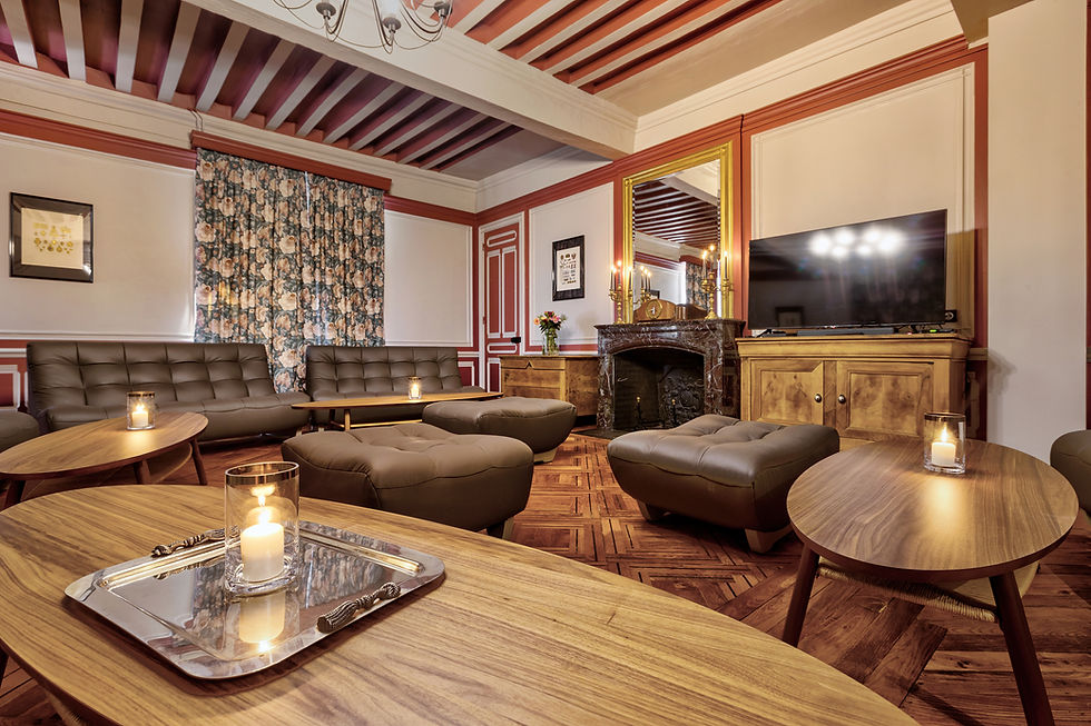 Elegant lounge at Château de Burnand with leather seating.