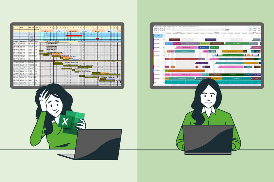 Comparaison entre une planification sous Excel complexe et stressante, et une planification optimisée avec DELMIA Ortems