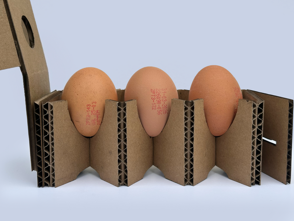 Zig-zag folded cardboard structure forming diamond cradles to hold three eggs securely, for glue less cardboard box for eggs.