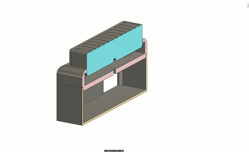 3D model of a rectangular structure with a blue top, pink middle, and beige base. It features intricate interior details, no text visible.