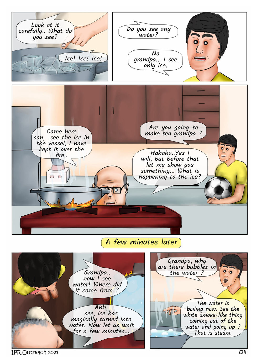 Comic strip showing ice melting, grandpa, boy observing, bubbles in water.