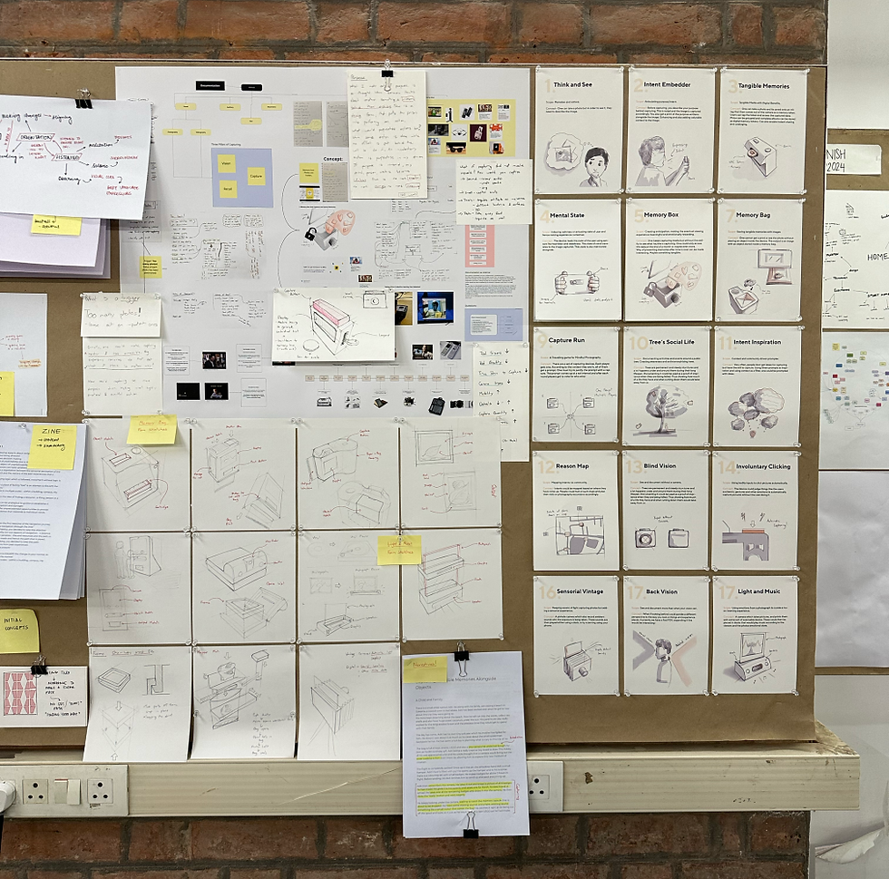 Bulletin board with sketches, notes, and diagrams on beige paper against a brick wall. Varied designs and concepts are displayed.