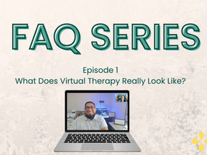 A series picture that says faq series Episode 1 what does therapy really look like with an open laptop and an image of two people in an online meeting. 