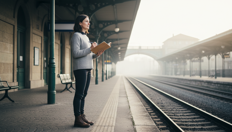 Wide-angle view of a quiet railway platform with one traveler holding a worn leather notebook