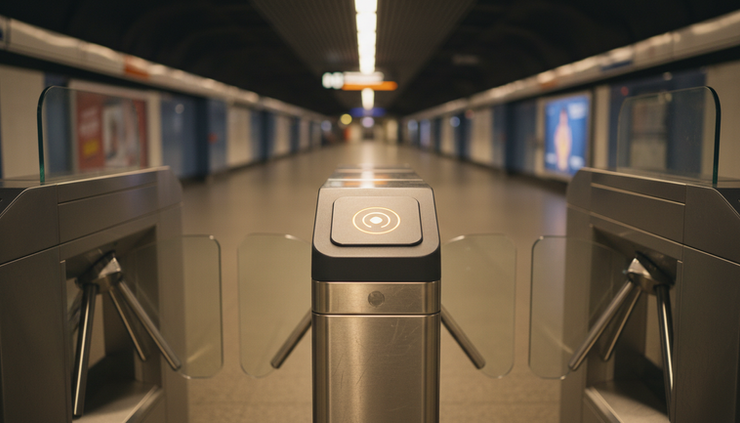 Wide-angle view of a subway fare gate glowing under station lights
