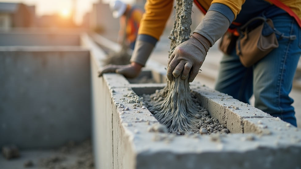 Close-up view of a concrete pour into insulated concrete formwork