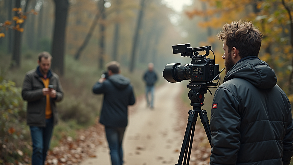 High angle view of a camera crew filming a creative outdoor scene