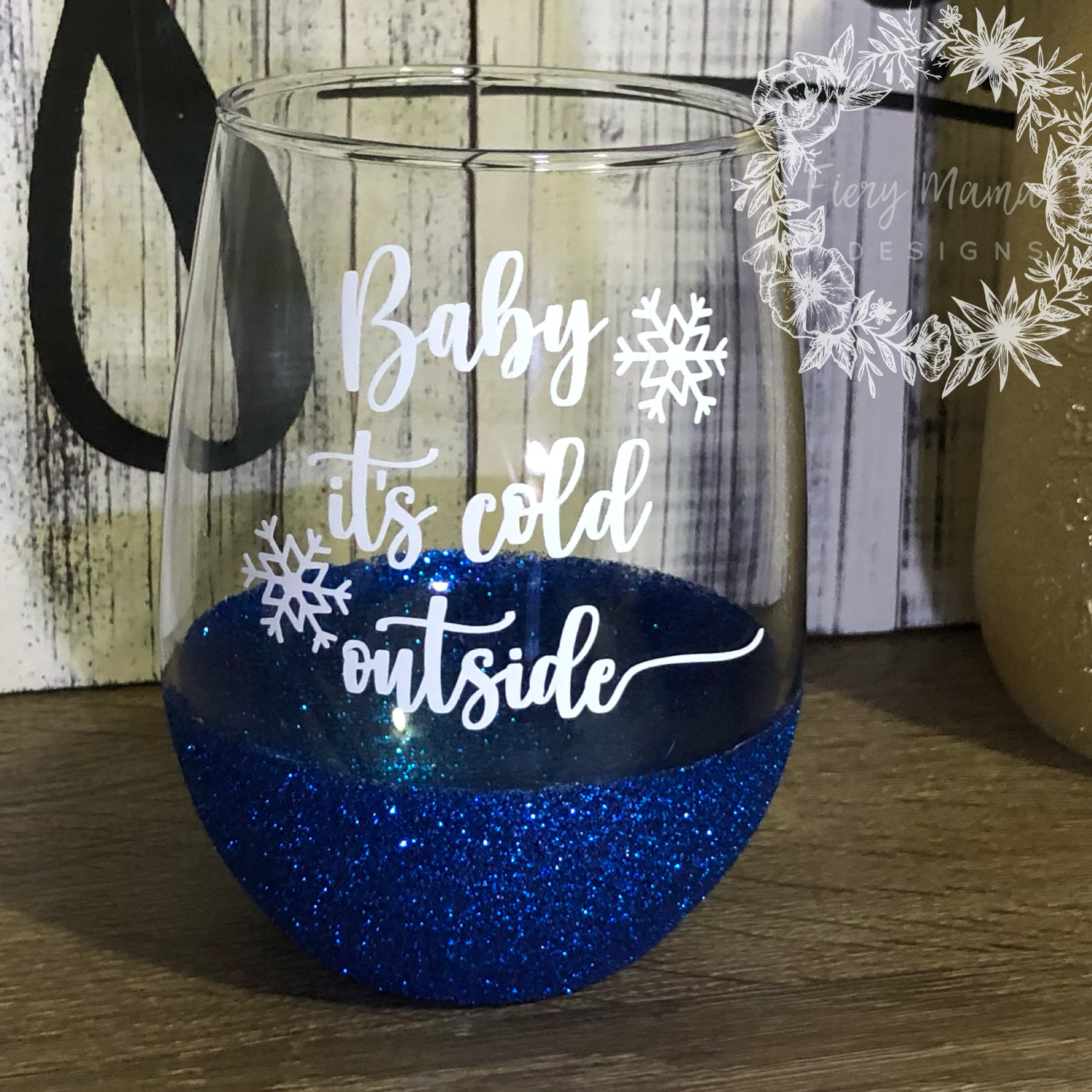 Baby it’s cold outside glitter dipped wine glass 