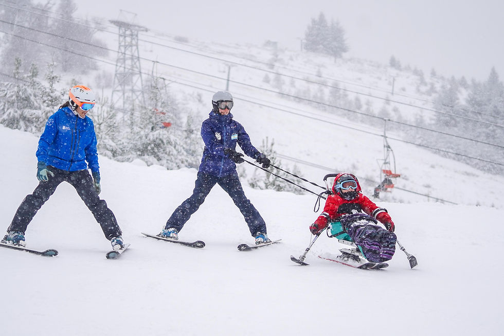 Esquiador en sit-ski con instructores. Programa de esquí adaptado.