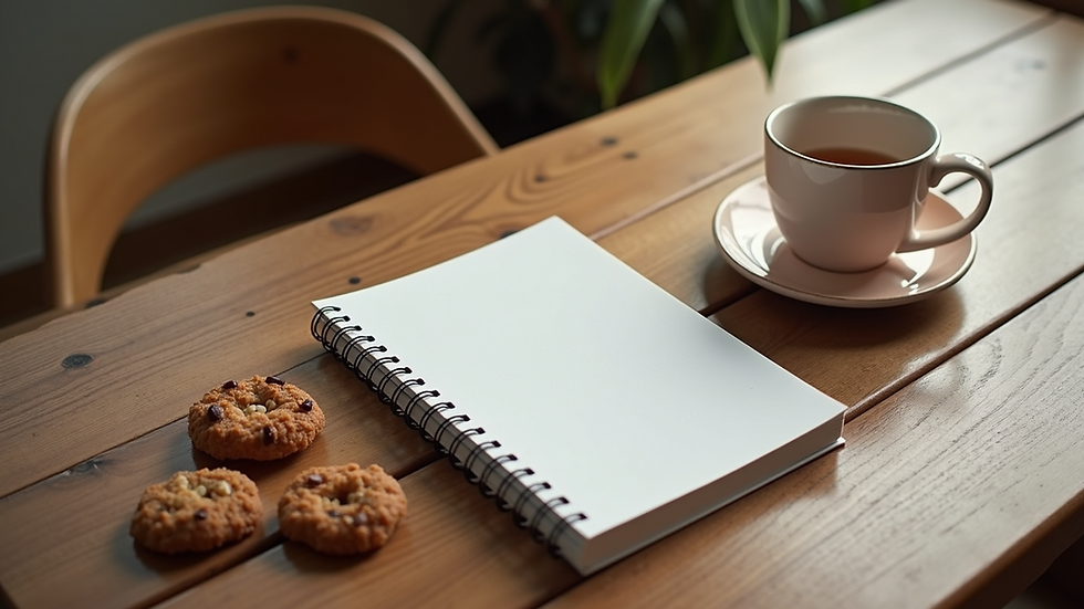 High angle view of a journal and healthy snacks on a wooden table