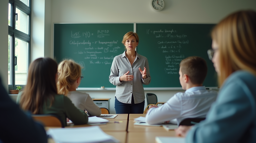 Eye-level view of a teacher engaging with students in a math class