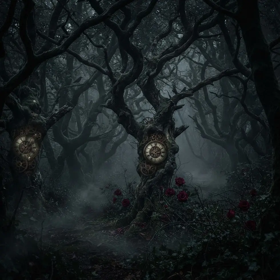 Digital illustration of gnarled, ancient trees with clock faces in their trunks, set within a dark, misty forest dotted with red roses. It evokes an eerie and mystical atmosphere.