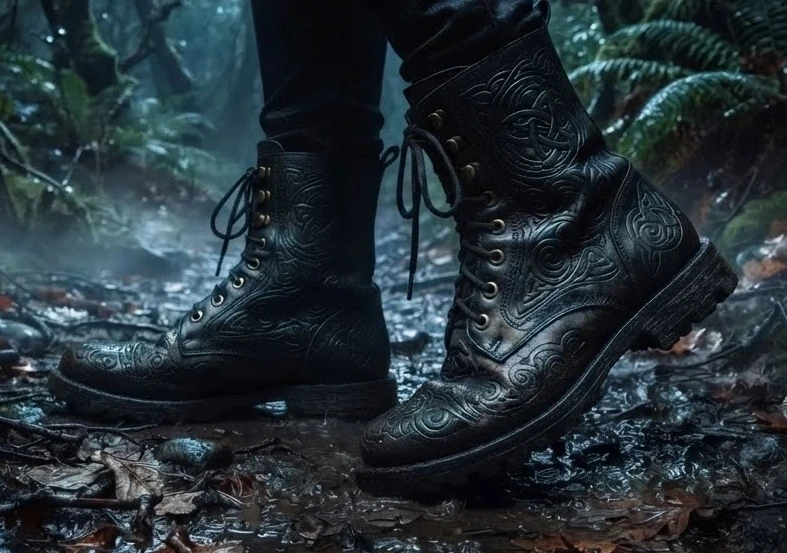 Digital illustration of a person wearing combat boots walking through a dark, misty forest. The image has a mysterious and atmospheric mood.