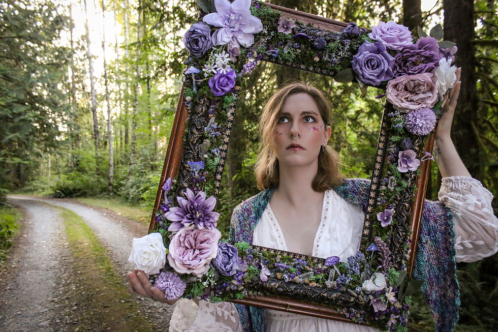 Person in floral frame, forest path