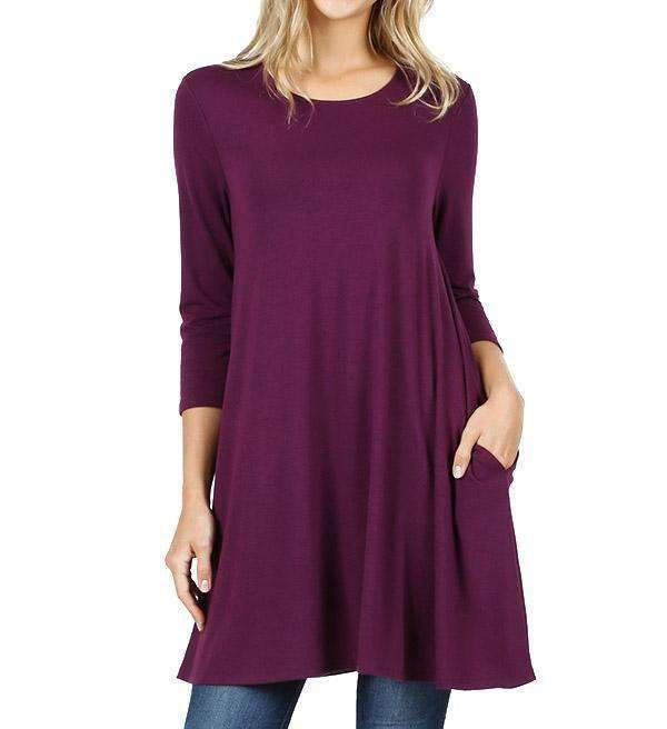 Swing Tunic With Pockets, 3/4 Sleeve (9 Colors)