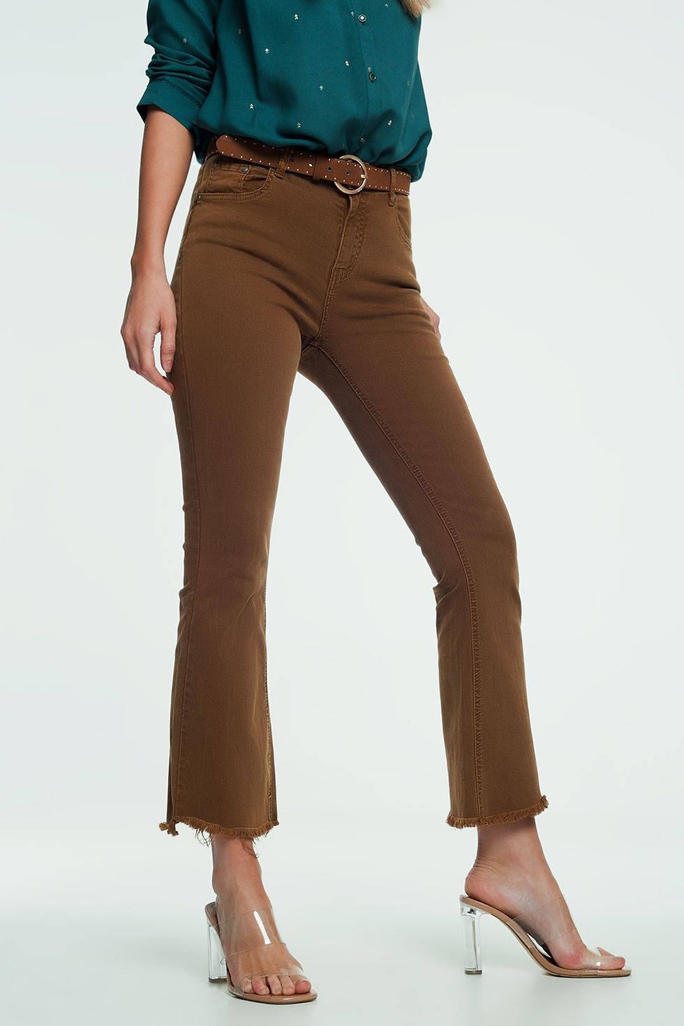 Thumbnail: High Rise Raw Hem Flared Jeans in Brown