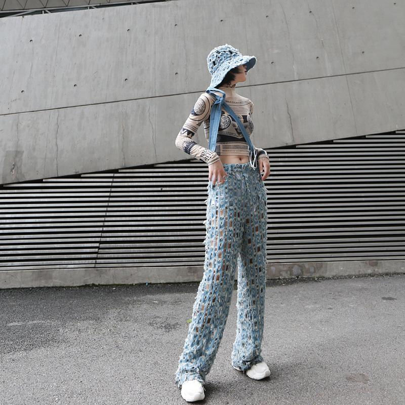 Thumbnail: Kaoru High Waist Destroyed Denim Wide Leg Pants