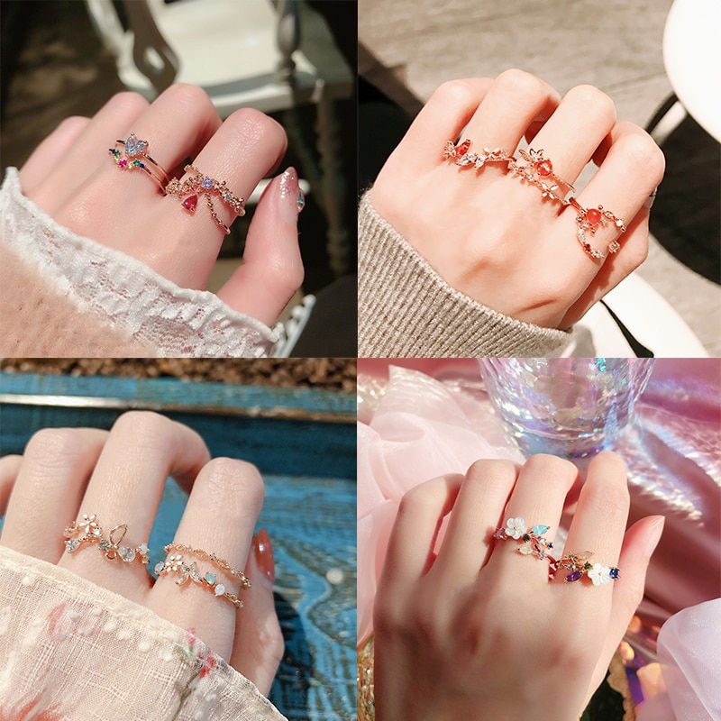 Sweet Heart Crystal Flower Cubic Zircon Adjustable Rings  Cute Butterfly Bague