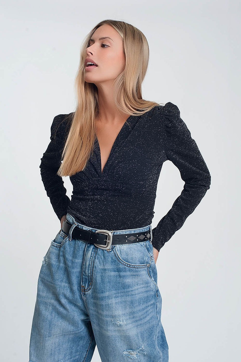 Thumbnail: Glitter Long Sleeve v Neck Body in Black