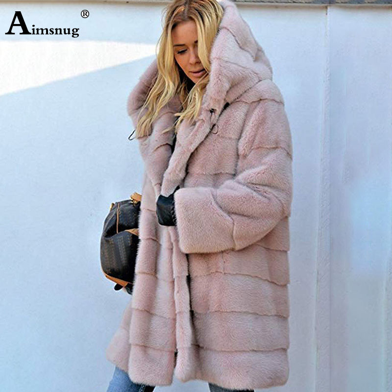 Plus Size 4XL 5XL Long Section Solid Pink Loose Plush Hooded Faux Fur Winter