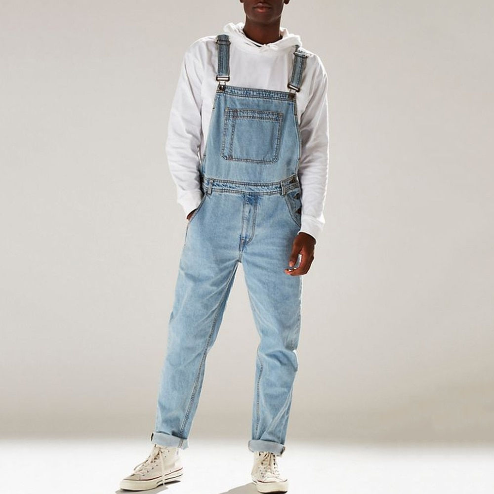Men's Denim Bib Pants Washed Full Length Jeans Jumpsuits Hip Hop Straight Jean