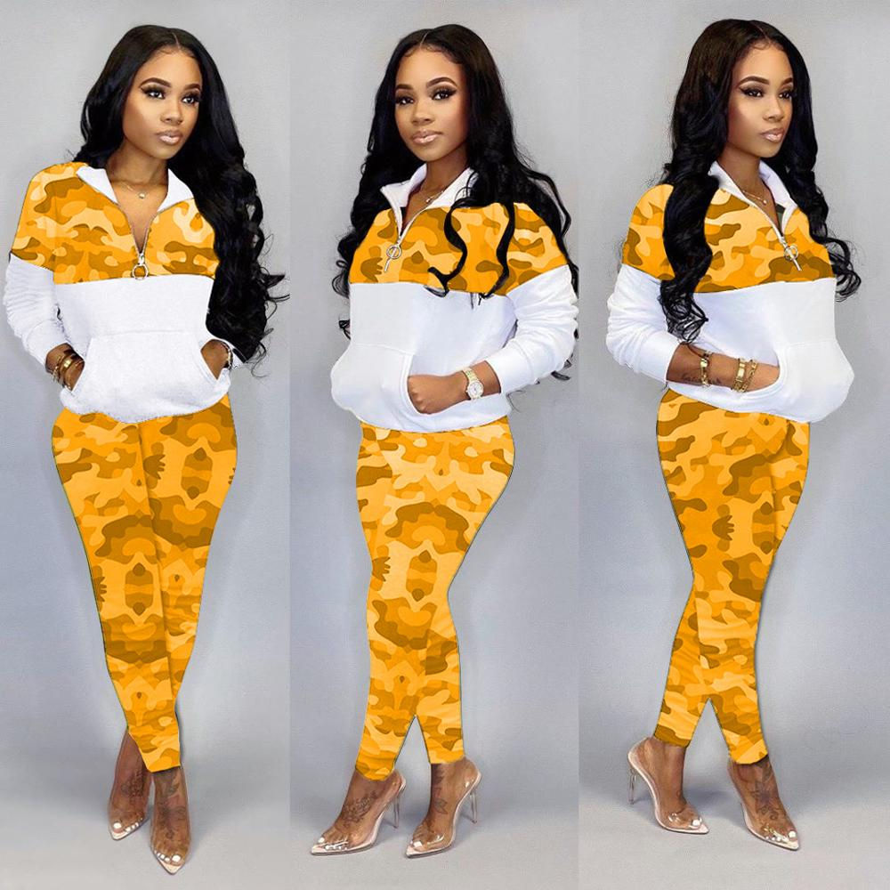 Zipper Neck Sportswear Sets Casual Sport Running SetsYoung Lady Camouflage