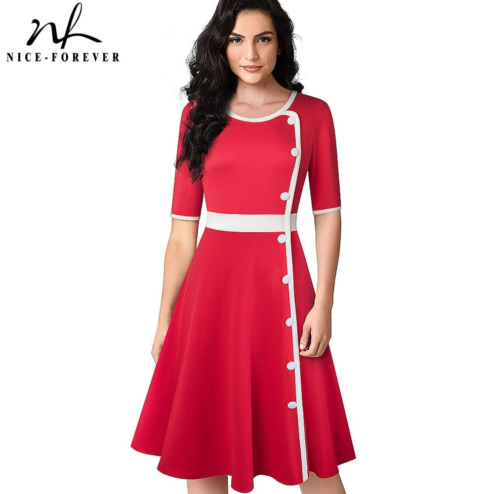 Nice-Forever Retro Elegant Contrast Color Patchwork With Button Dresses