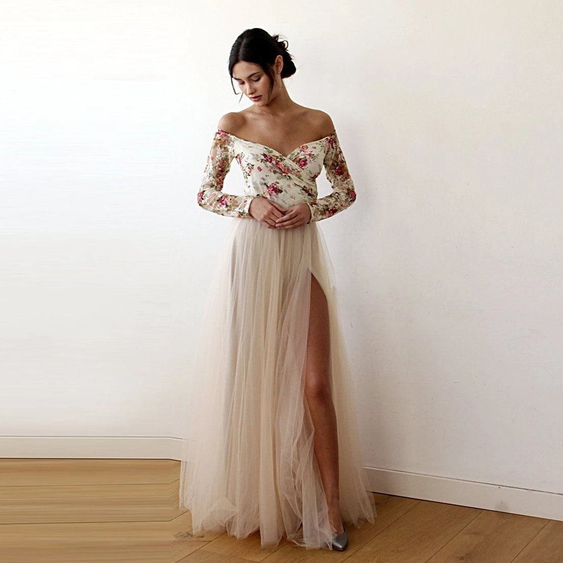 Off-Shoulder Floral and Champagne Tulle Dress #1176