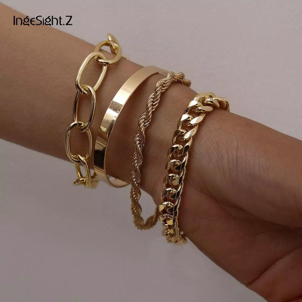 4Pcs/Set Hip Hop Chunky Thick Miami Curb Cuban Bracelets Bangles