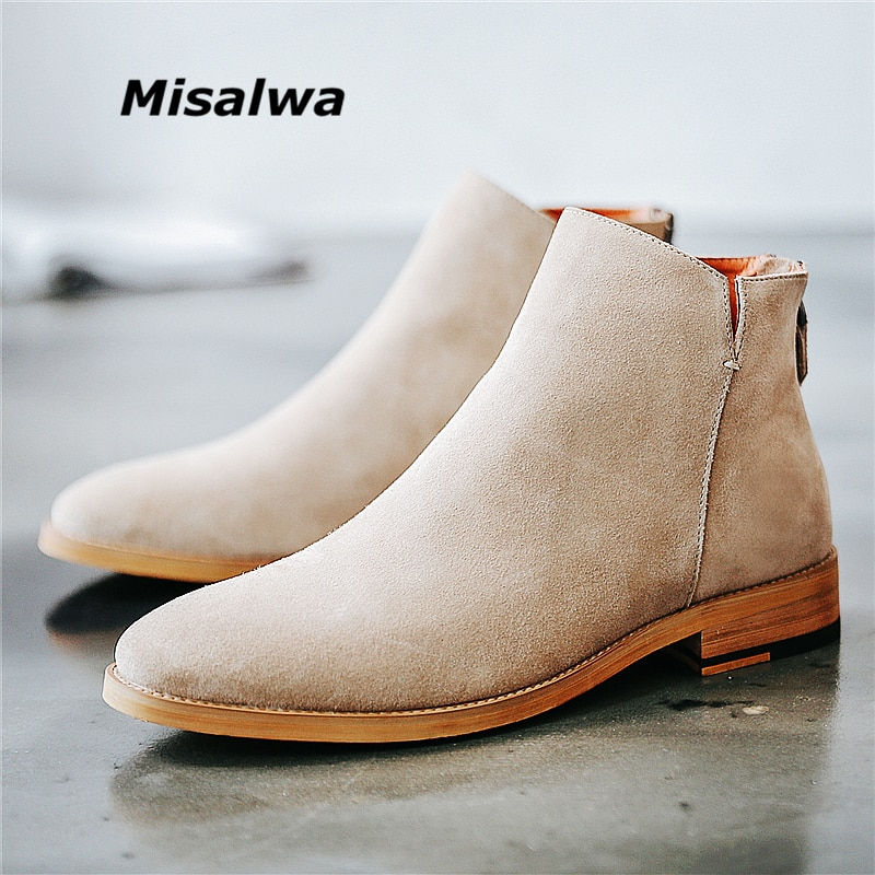 Men Suede Chelsea Boots Natural Leather Zip Pointed Toe Formal Ankle Boots