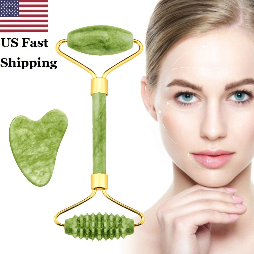 US Jade Roller Massager for Face Roller Gua Sha Set Jade Stone Body