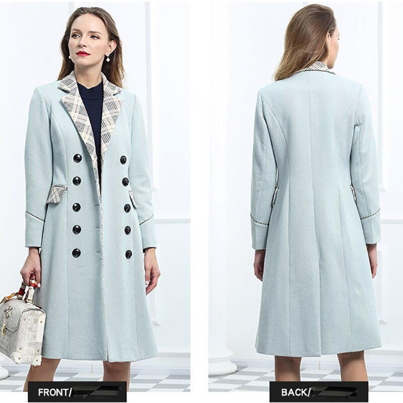 Thumbnail: Woolen Long Coat Button Pockets Blends Office Work Long Coats Fashion