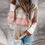 Thumbnail: Autumn Women Patchwork Hooded Sweater Long Sleeve V-Neck Knitted Sweater Casual