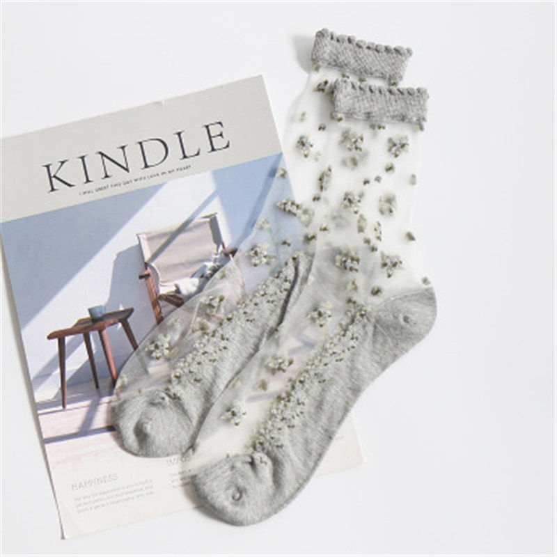 Thumbnail: 1 Pair Breathable Ultra Thin Socks Summer Transparent Lace Silk Crystal Rose