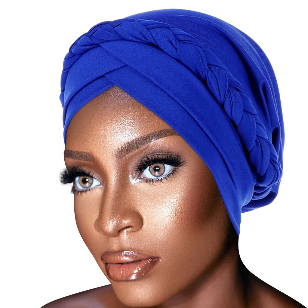 PRE-TIED Women African Turban With Rose Braided Knot Bonnet Beanie Cap Headwrap|