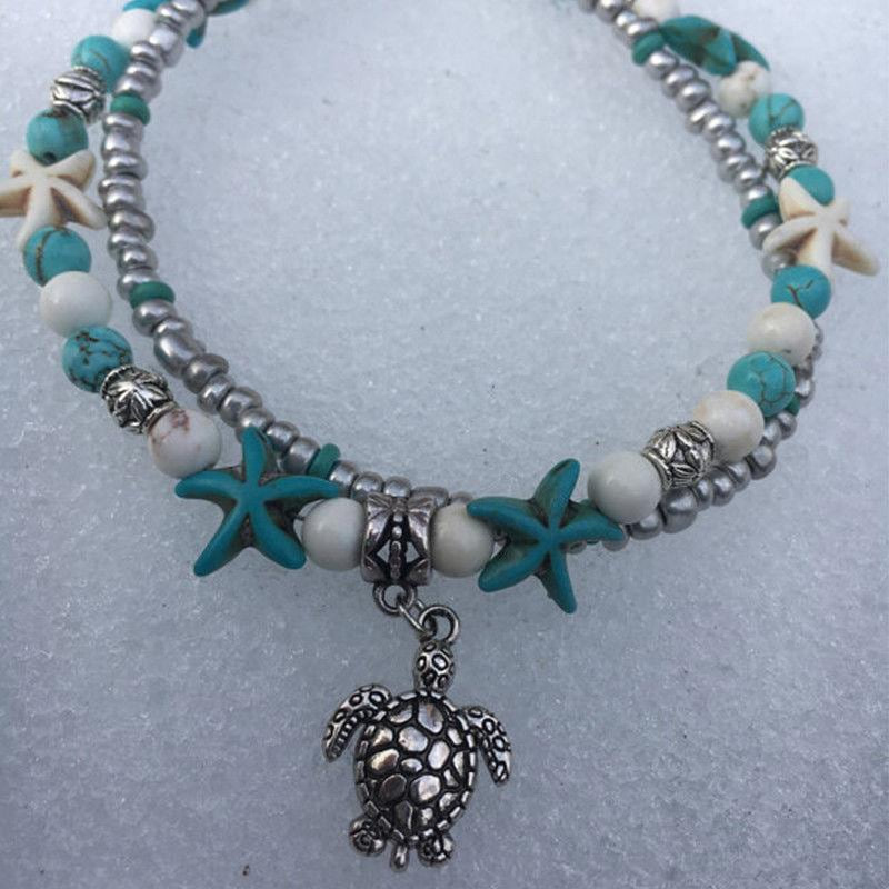 Thumbnail: Vintage Double Beaded Turtle Starfish Boho Anklet