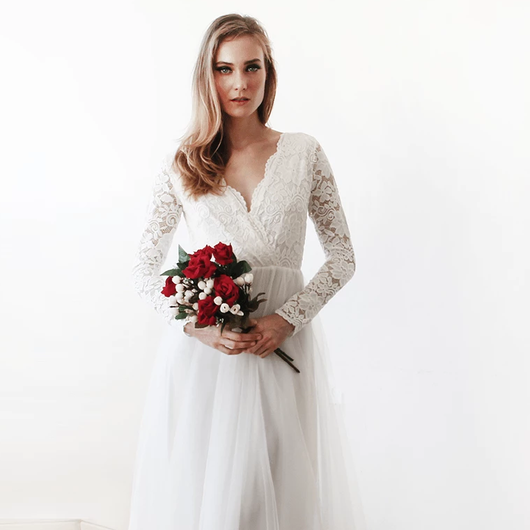 Thumbnail: Ivory Tulle & Lace  Maxi Dress #1125